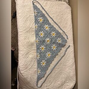 Floral Crochet Hair Kerchief in Blue and White